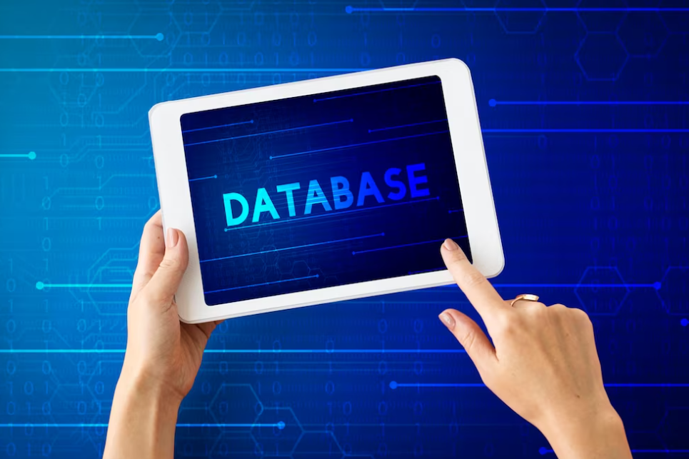 hands holding the tablet with word database on it